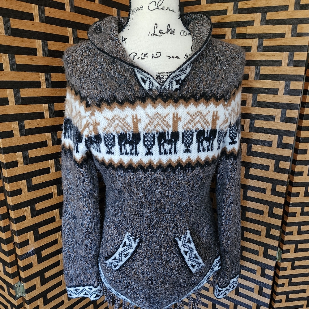 Peruvian Wool Bodycon Boho Llama Hoodie Sweater Sz: XS/S